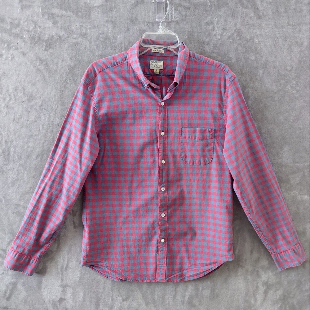 J Crew Secret Wash Slim Untucked Gingham Shirt Men's Large Pocket Organic Cotton